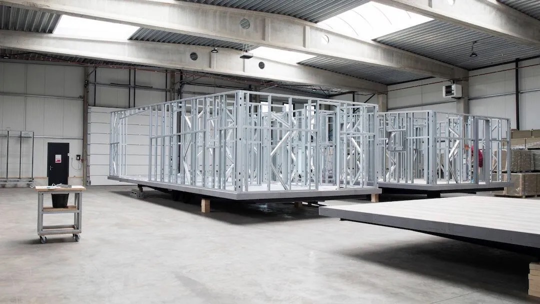 Cold-formed steel module frames on the factory floor