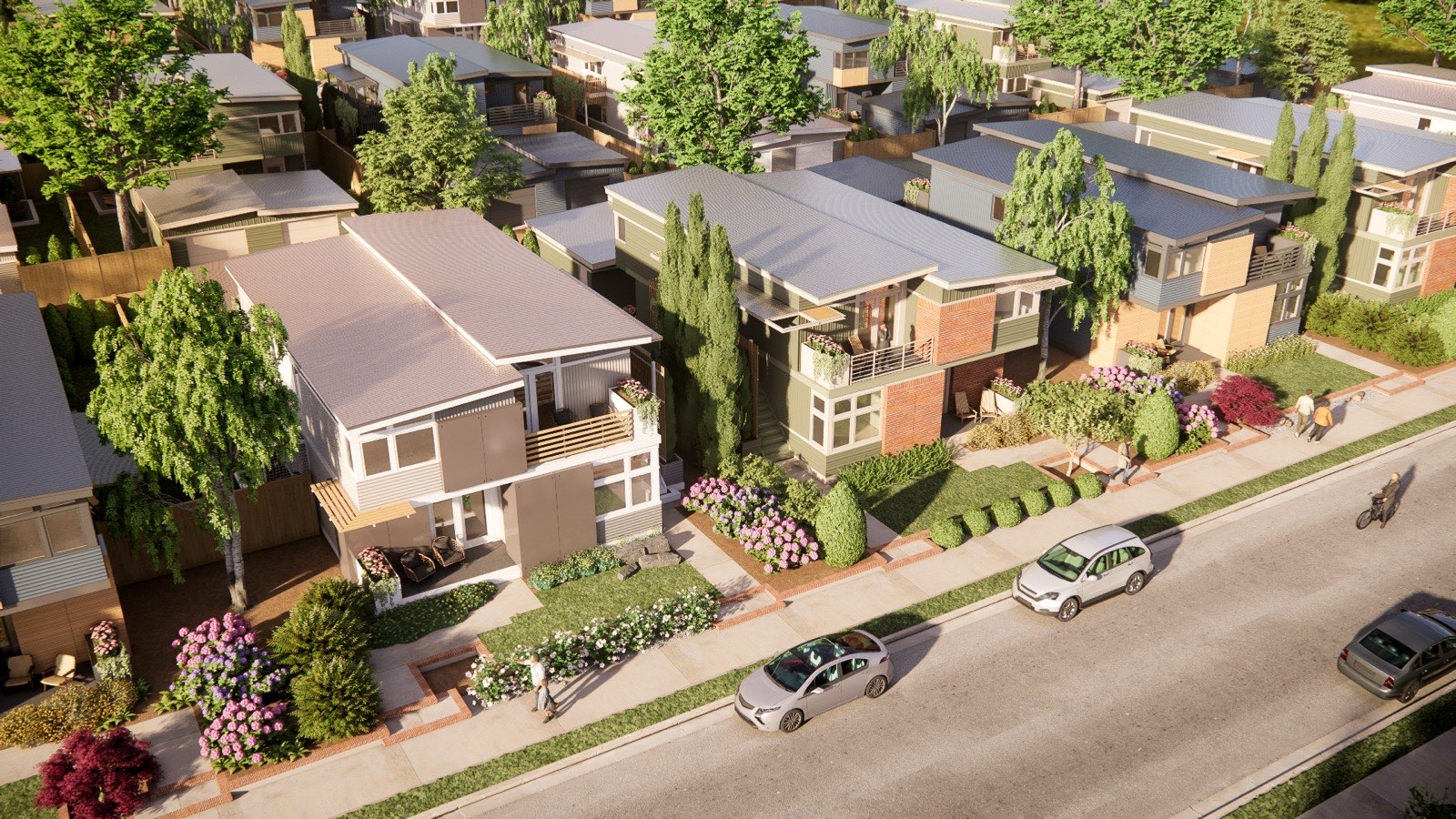 Aerial rendering of The Keystone duplexes and walks