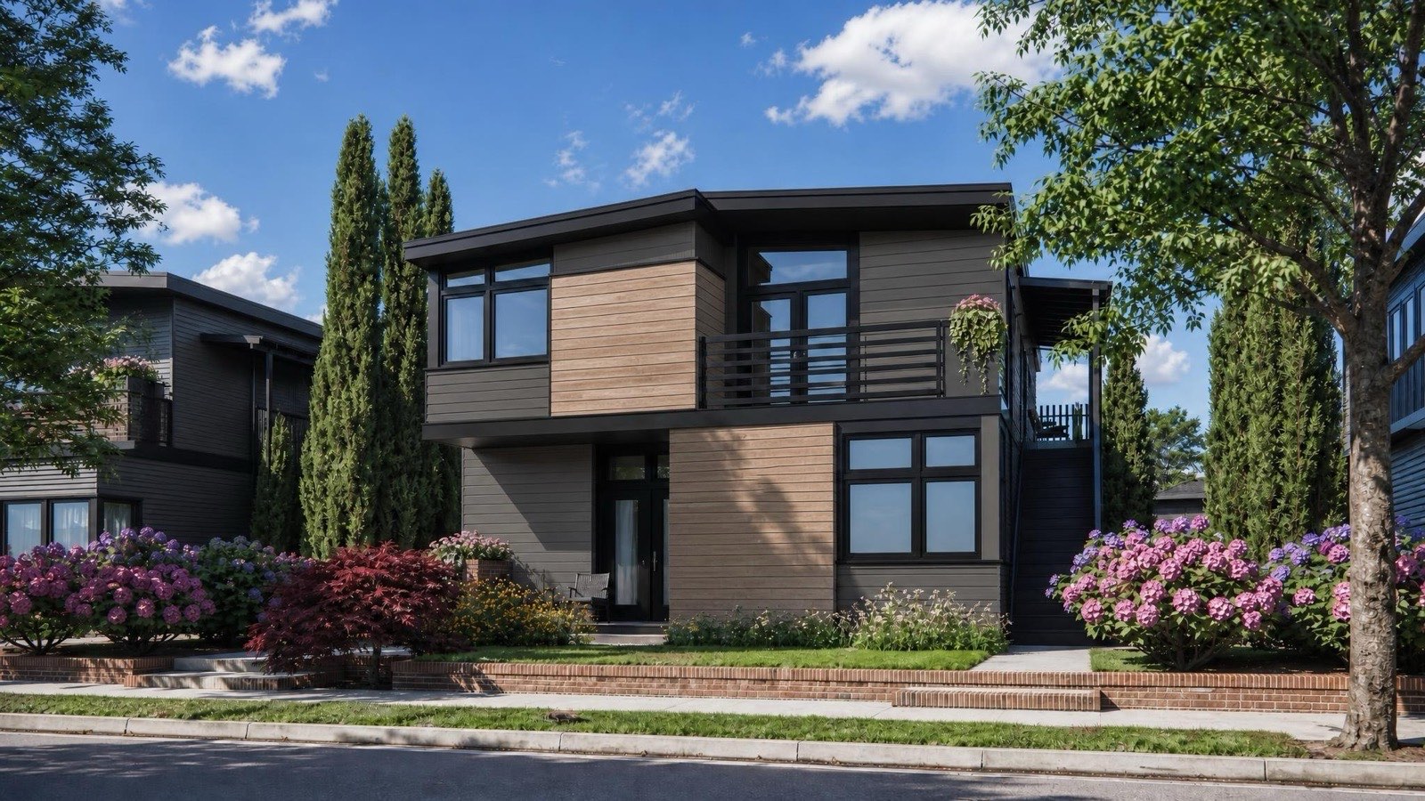 Rendering of the US Modern Homes duplex in the Burnished Slate, Ash Wood exterior design